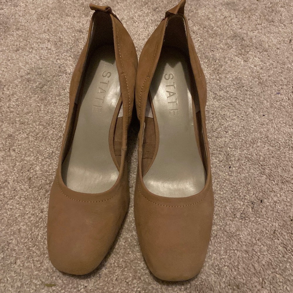 Nude suede block heels